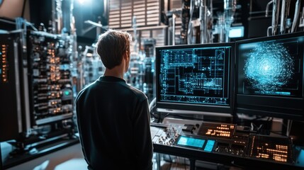 Poster - A Man in a Dark Sweatshirt Standing in Front of a Computer with a Blue Screen Displaying Data and a Network Diagram