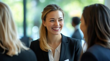 Confident Businesswoman Smiling and Talking to Colleague