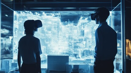 Poster - Two People Wearing Virtual Reality Headsets Look at a Digital Cityscape