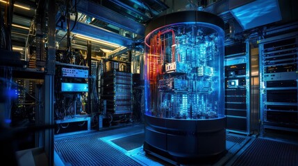 Poster - Futuristic Server Room with a Transparent, Illuminated, and Encased Data Center