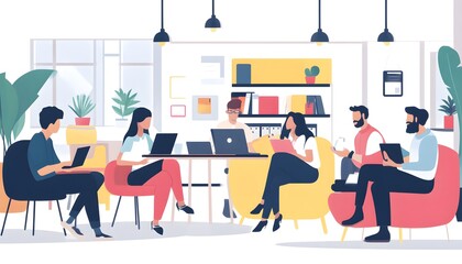 Poster - Five colleagues working together in a modern office setting.
