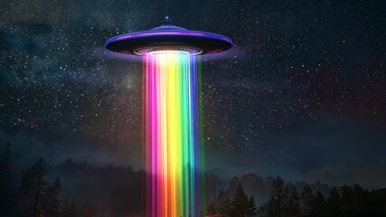 Poster - UFO emitting rainbow light in starry night sky, mysterious phenomenon. Science fiction concept