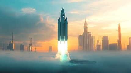 Aufkleber - A powerful rocket ascends into the bright morning sky, leaving a trail of smoke as it departs from a sleek, futuristic city. Towering skyscrapers surround the launch site, enhancing the atmosphere.
