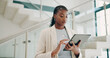© KayExam/peopleimages.com - House, black woman and real estate agent with tablet for communication, networking and connection. Business, female person and chatting on email with client or tenant for home viewing and property