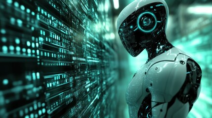 Poster - A White Futuristic Robot Stands Beside a Wall of Blue Digital Code