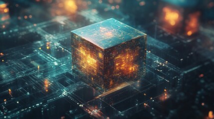 Poster - A Glowing Cube of Circuitry Embedded in a Futuristic Network