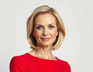 Wall Mural - Portrait of a blonde middle-aged American politician and businesswoman in a red dress, isolated against a plain white background.