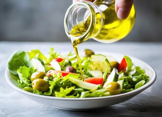 Fresh salad being drizzled with olive oil, showcasing vibrant greens, red tomatoes, and olives in a rustic bowl.