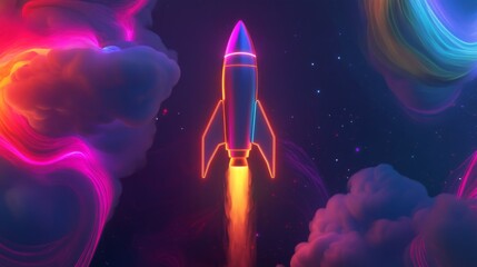 Fototapete - a brightly colored rocket takes off into a starry sky, leaving behind a trail of light as it rises t