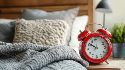 A red alarm clock sitting on a bedside table, ready to ring in the early morning.