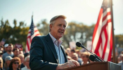 An older male politician in formal attire delivering a speech on a podium in front of a crowd, with a large American flag waving in the background.