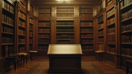 Poster - A Grand Library with Antique Bookcases and a Table in the Center