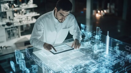 Poster - Man Interacting with a Holographic 3D Model of a Building