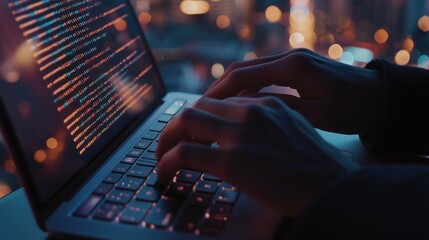 Poster - A close-up of hands typing on a laptop, with a cityscape blurred in the background.