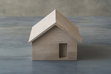 Simple wooden model house on a gray surface with a minimalist design and smooth finish