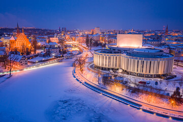 Wall Mural - Aerial view of winter Opera in Bydgoszcz. Winter in Bydgoszcz