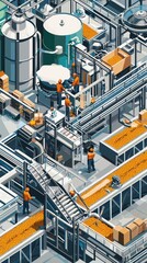 Poster - A detailed illustration of a busy factory floor with workers, machinery, and production lines operating efficiently.
