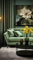 Poster - Design composition of living room interior with green velvet sofa and chair, stylish coffee table, 