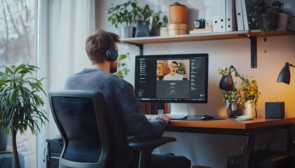 Aufkleber - man in headphones on video call at home office desk