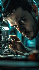 Poster - A focused technician repairs intricate machinery with precision, showcasing skill and concentration in a dimly lit workshop.