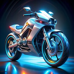 A modern motorcycle with a futuristic design is showcased in a darkened room, emphasizing its innovative aesthetics.