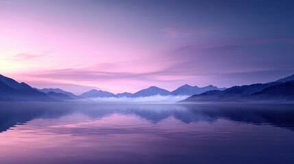 Serene lake landscape at dusk with misty mountains and soft pastel colors reflecting on the water's surface.