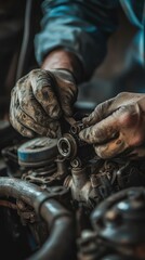 Poster - A mechanic repairing an engine, showcasing skilled hands working with mechanical parts in a detailed automotive environment.