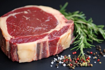 beef rib eye steak. raw prime angus beef meat in red and white background