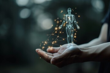 A person holding a hologram of a human body with interconnected points, symbolizing health, medical research, or futuristic technology related to anatomy and healthcare innovation