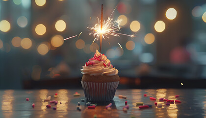 Birthday cupcake with sparkler against blurred lights