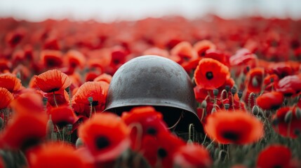 Wall Mural - A soldier's helmet is in the middle of a field of red flowers