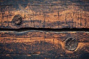 An old, brown, cracked board with two small rounded spots - a place from a branch and stripes at the bottom (macro, top view, horizontal, texture)  - generative ai