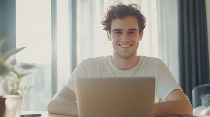 Poster - Smiling man working on laptop near window
