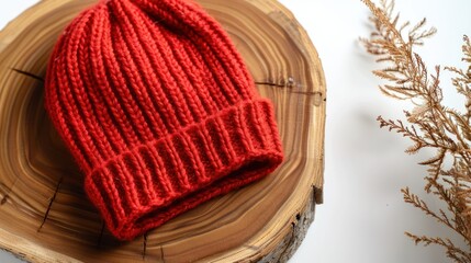 Wall Mural - Red Knitted Beanie on a Wooden Slab