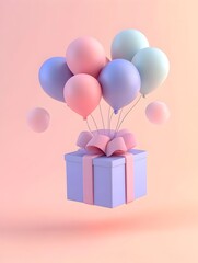 Floating Gift Box with Pastel Balloons on Gradient Background