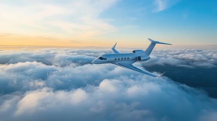 A sleek jet soaring above fluffy clouds during a vibrant sunset, embodying luxury travel and adventure in the skies.