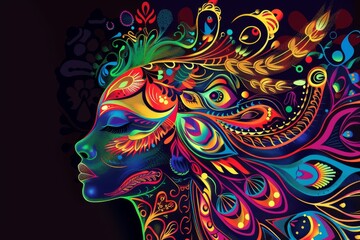 Wall Mural - Peacock head silhouette with vibrant tribal designs.