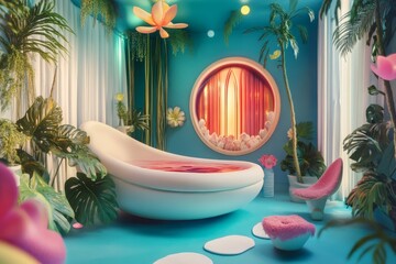 Sticker - Relaxation spa scene with surrealist and whimsical elements.