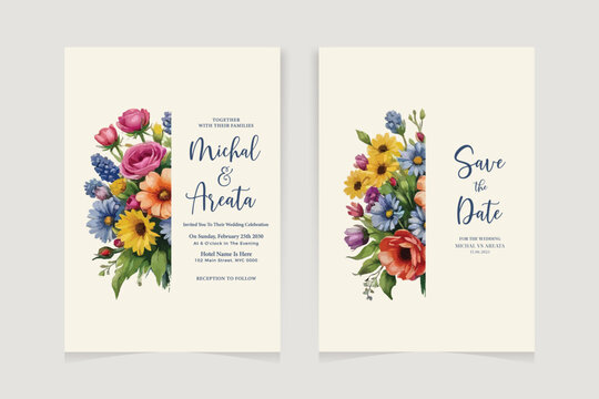 Watercolor wedding set. Set of card with leaves and golden geometric frame. Design with forest green leaves, eucalyptus, fern. Floral Trendy templates for banner, flyer, poster, greeting.