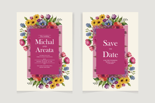 Watercolor wedding set. Set of card with leaves and golden geometric frame. Design with forest green leaves, eucalyptus, fern. Floral Trendy templates for banner, flyer, poster, greeting.