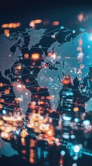 Poster - A vibrant digital representation of a world map with interconnected data points and glowing lights, symbolizing global network connections.