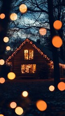 Poster - A house with a Christmas tree on the roof and lights on the windows. The house is surrounded by trees and the sky is cloudy