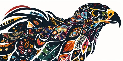 Poster - a detailed and colorful abstract illustration of an eagle, showcasing intricate tribal patterns and 