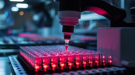 Poster - A high-tech laboratory environment showcases a robotic arm delicately dispensing liquid into multiple wells of a plate, illuminated by red lighting to emphasize the precision of the process.