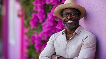 Canvas Print - Man wearing glasses and a hat is smiling. He is wearing an orange scarf. He is standing in front of a pink door. good looking 40 year old black man smiling dressed up for a south african safari