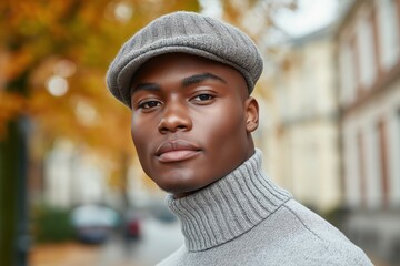 Wall Mural - Man wearing a hat and a sweater. There are other people in the background. handsome young black male model wearing a basic gray turtleneck fine knitted sweater and a hat is standing on the street