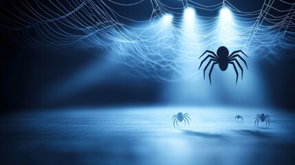 Poster - A Halloween spider web background with multiple webs hanging in a dark attic, with small spiders crawling around, silhouetted by dim lighting.