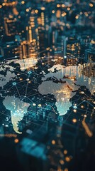 Poster - Abstract digital map of the world overlaid with glowing city lights, symbolizing connectivity and global technology advancements.