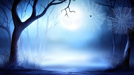 Poster - A spooky Halloween background with intricate spider webs spread across a dark, misty forest, with subtle moonlight shining through the trees.