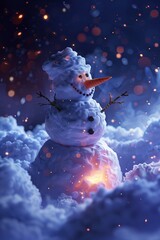 Canvas Print - Snowman with a glowing core in a dreamscape.